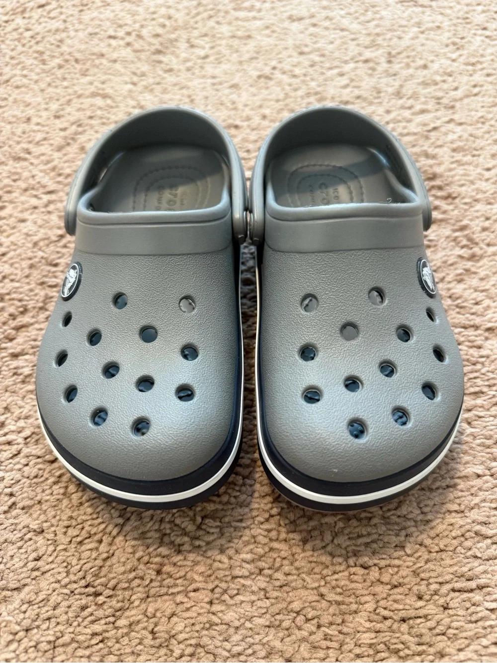 Kids Gray Crocs with Navy and White Stripes